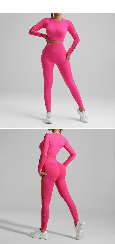 Rose Red Size M Tie-Dye Premium Yoga Set Long Sleeve Butt Lift Leggings Seamless Workout Training Gym Clothes
