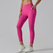 Rose Red Size S High-Waist Seamless Yoga Pants for Women - Fitness Leggings with Pockets Quick-Dry Butt-Lifting