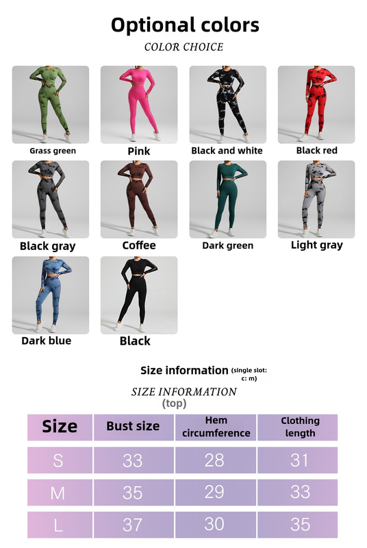 Rose Red Size S Tie-Dye Premium Yoga Set Long Sleeve Butt Lift Leggings Seamless Workout Training Gym Clothes