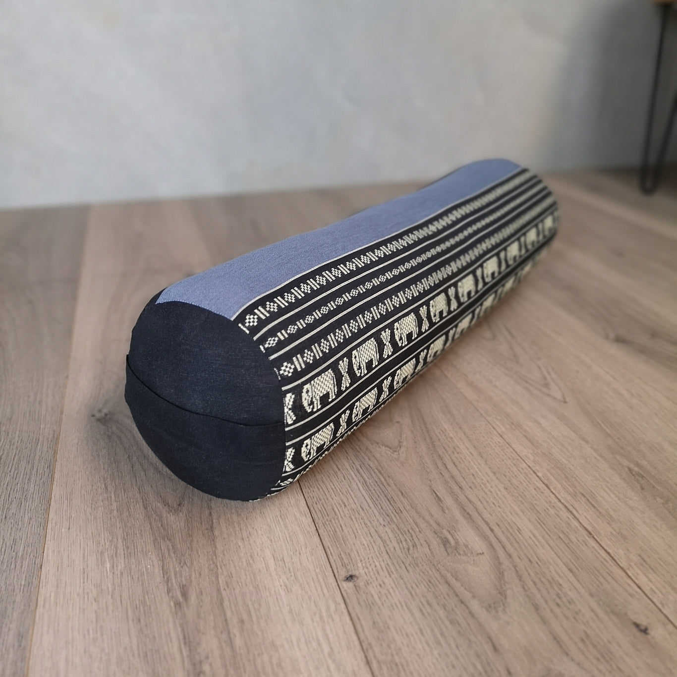 black and blue organic meditation bolster cushion