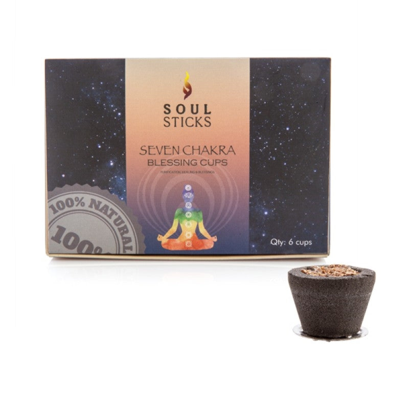 Soul Sticks Seven Chakra Blessing Cups box featuring chakra incense and cosmic design