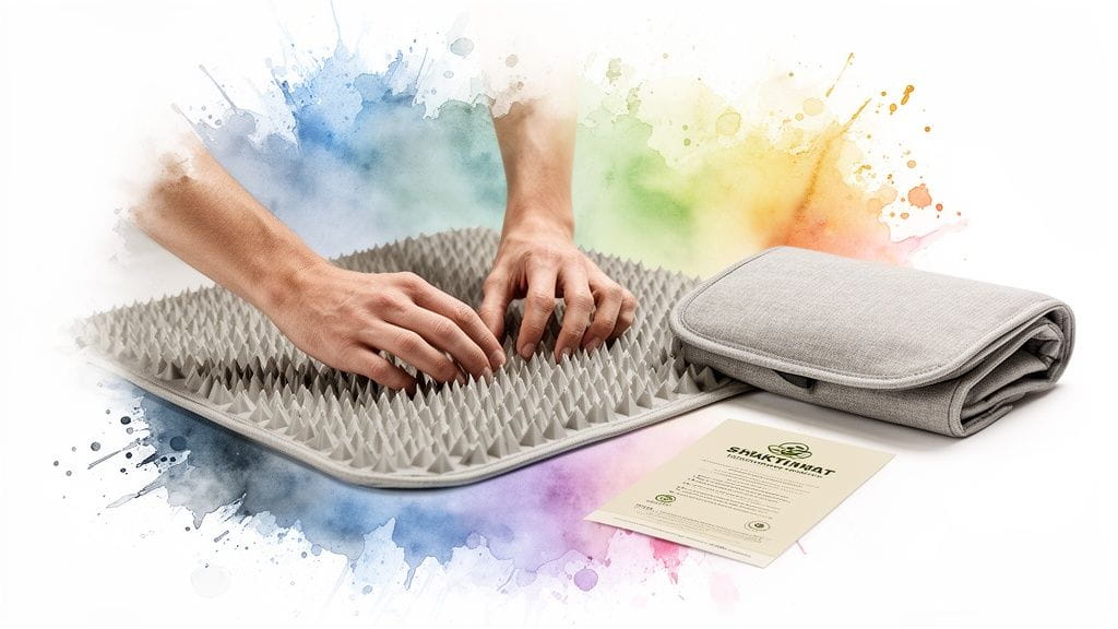 Hands pressing on a grey spiked acupressure mat, with a folded mat and leaflet.