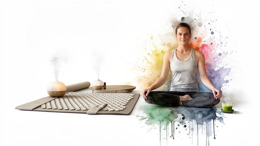 A woman meditates peacefully with an acupressure mat, essential oil diffuser, and colorful watercolor splashes.