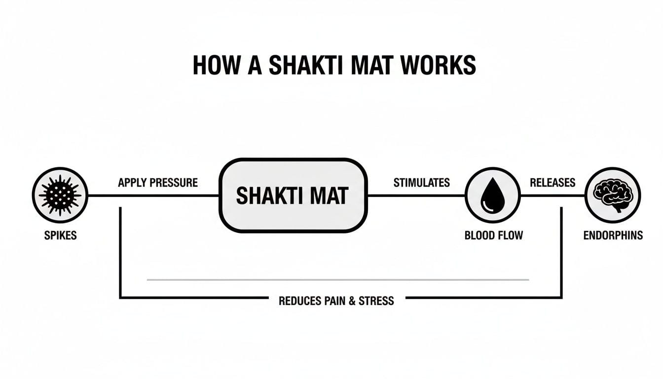 Diagram explaining how a Shakti Mat works, from spikes applying pressure to releasing endorphins.