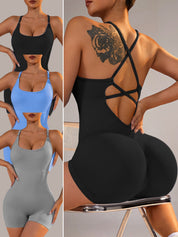 Size L Black Nylon Seamless Yoga Bodysuit - Women’s Athletic Romper Crisscross Back Workout Jumpsuit - Sports & Fitness