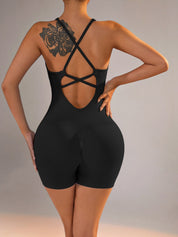 Size L Black Nylon Seamless Yoga Bodysuit - Women’s Athletic Romper Crisscross Back Workout Jumpsuit - Sports & Fitness