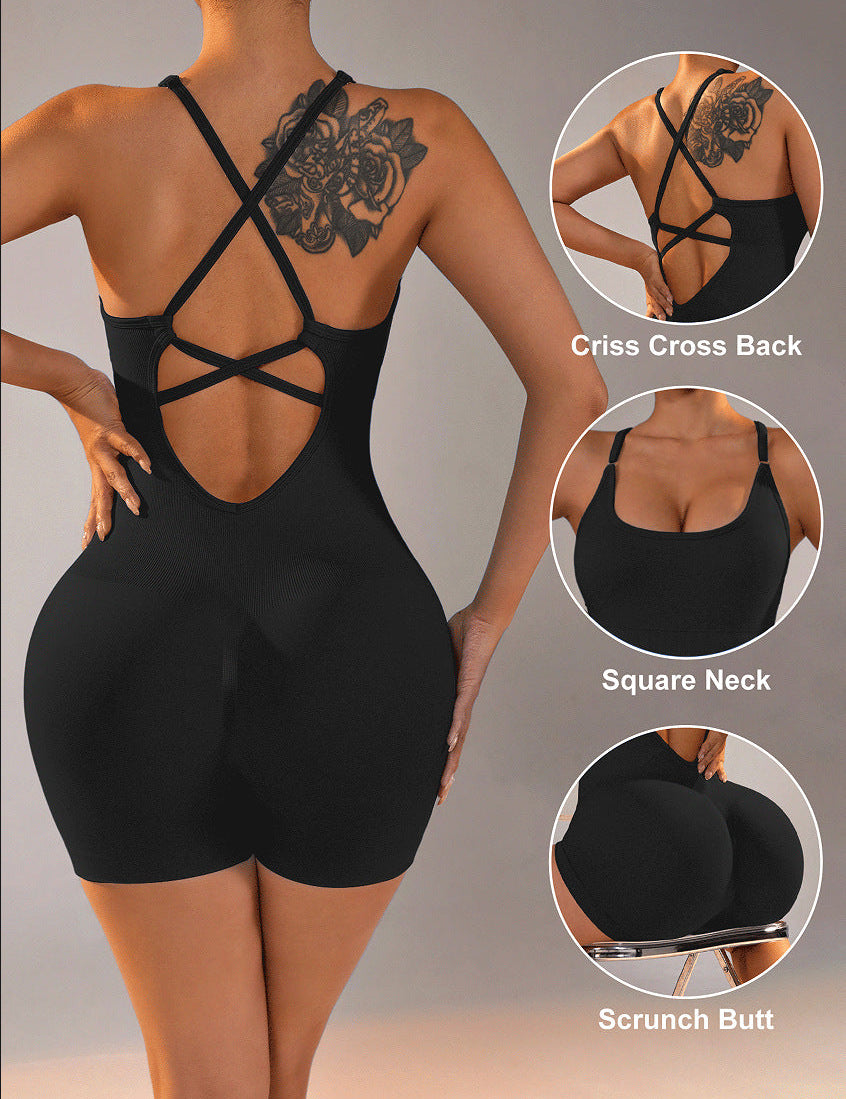 Size L Black Nylon Seamless Yoga Bodysuit - Women’s Athletic Romper Crisscross Back Workout Jumpsuit - Sports & Fitness