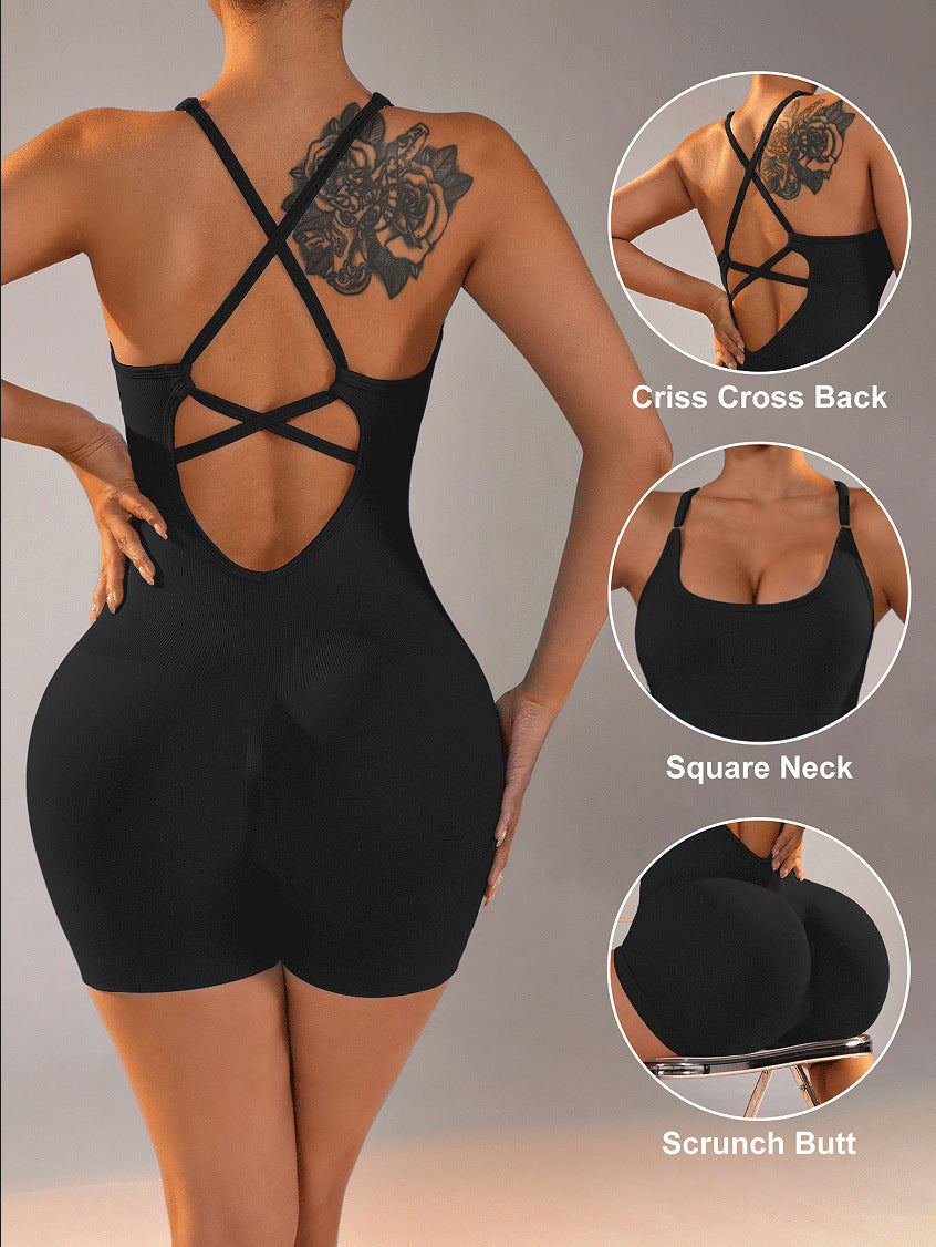 Size L Black Nylon Seamless Yoga Bodysuit - Women’s Athletic Romper Crisscross Back Workout Jumpsuit - Sports & Fitness