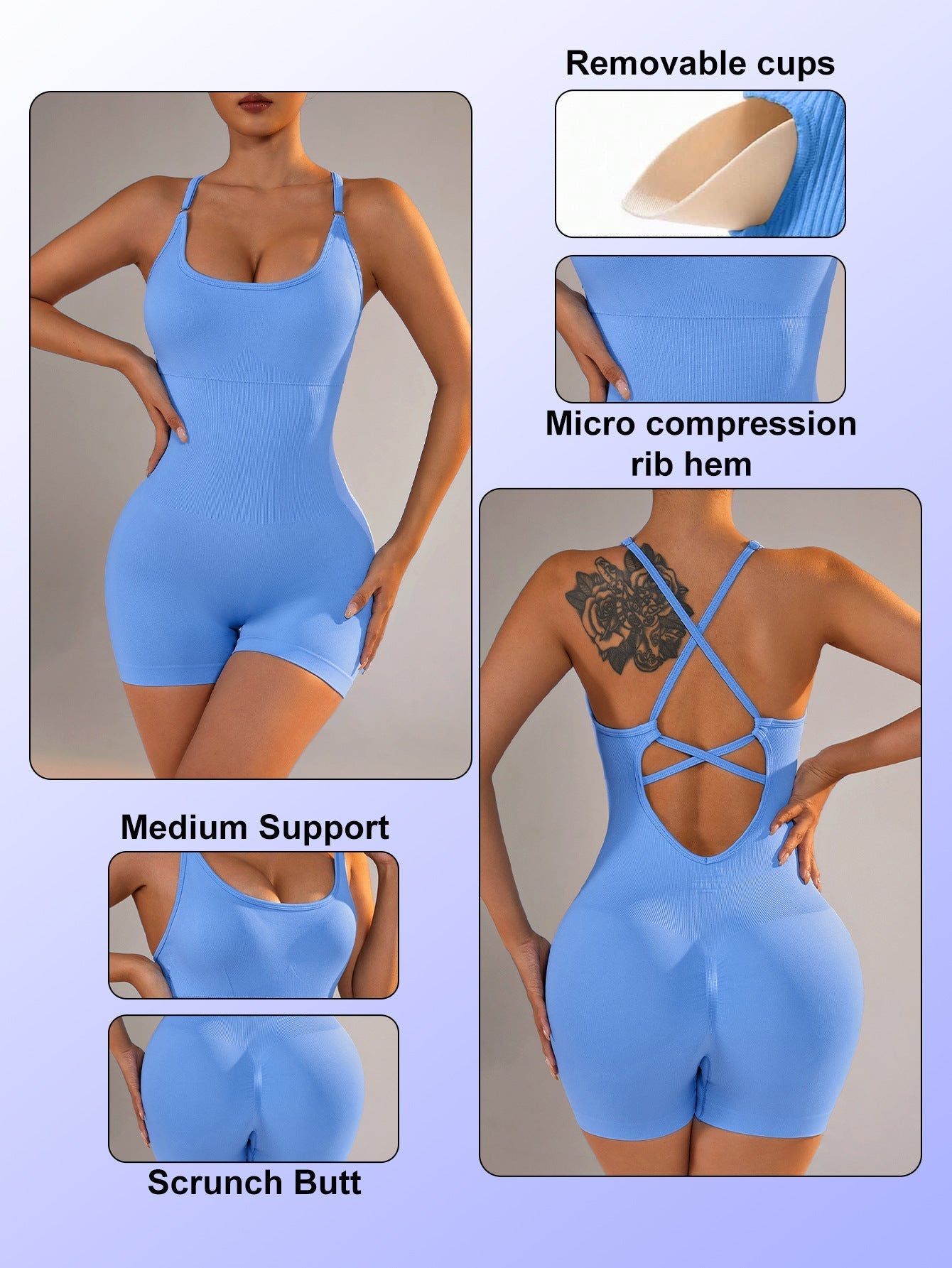 Size L Light Blue Nylon Seamless Yoga Bodysuit - Women’s Athletic Romper Crisscross Back Workout Jumpsuit - Sports &