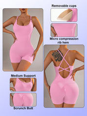 Size L Light Pink Grey Nylon Seamless Yoga Bodysuit - Women’s Athletic Romper Crisscross Back Workout Jumpsuit - Sports