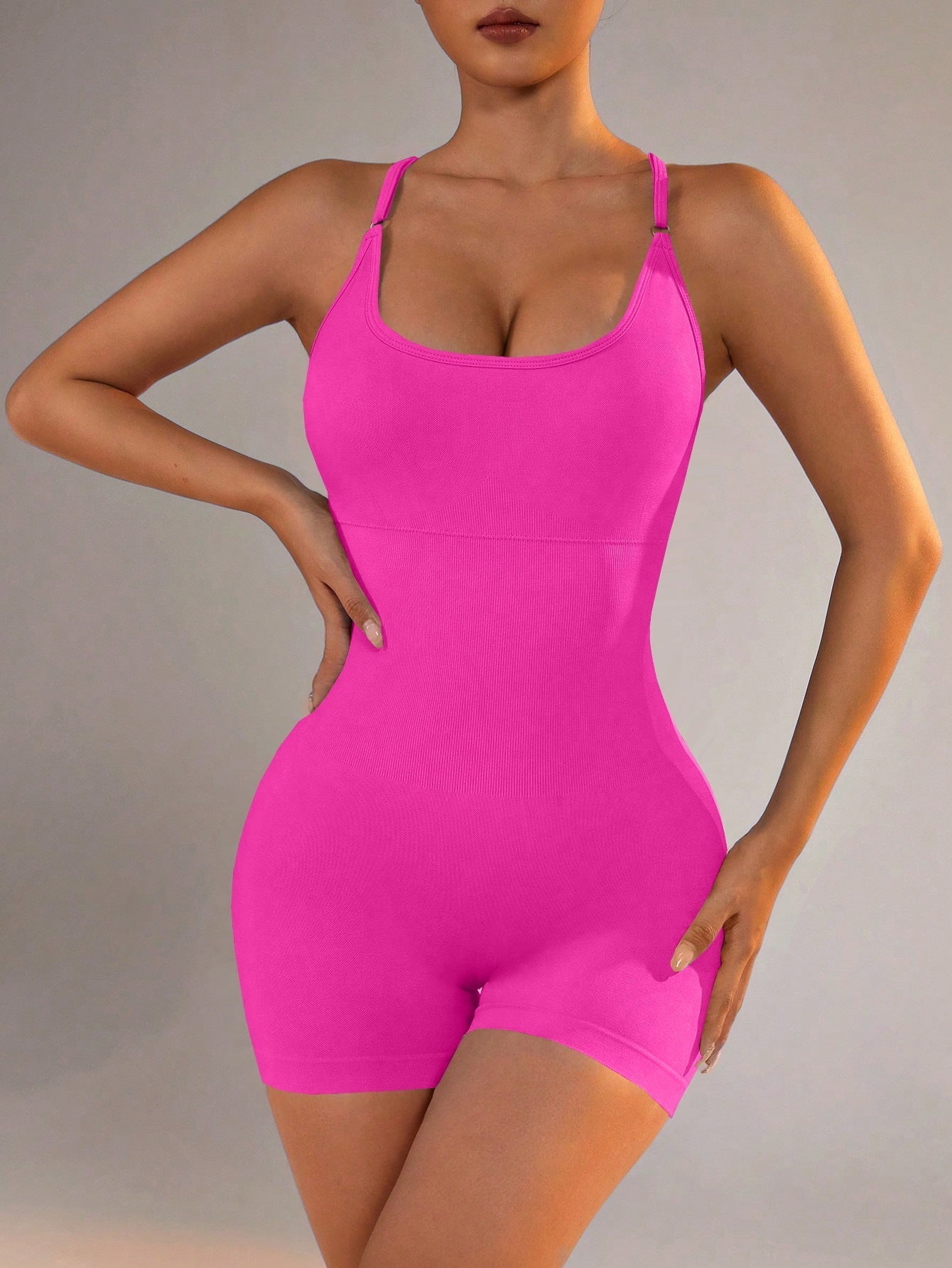 Size L Rose Red Grey Nylon Seamless Yoga Bodysuit - Women’s Athletic Romper Crisscross Back Workout Jumpsuit - Sports &