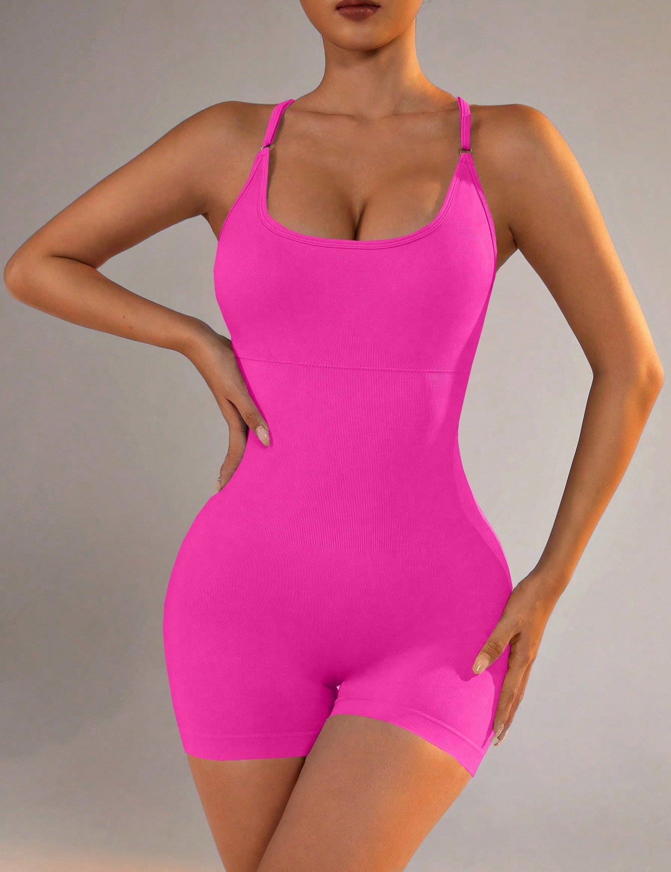 Size L Rose Red Grey Nylon Seamless Yoga Bodysuit - Women’s Athletic Romper Crisscross Back Workout Jumpsuit - Sports &