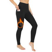 Size M Black Women's Mid Waist Plush Leggings with Pockets - Autumn and Winter Leggings with Pockets