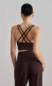 Size M Coffee Cross-Back Premium Yoga Sports Bra for Women - High Support & Shockproof Fitness Bra