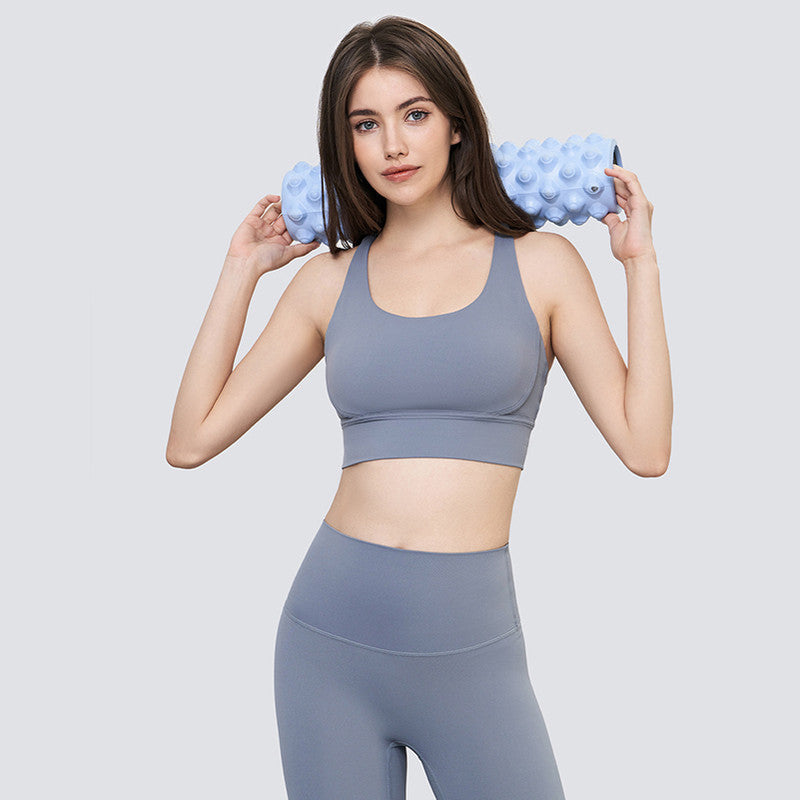 Size M Grey Cross-Back Premium Yoga Sports Bra for Women - High Support & Shockproof Fitness Bra