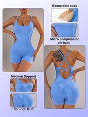 Size M Light Blue Nylon Seamless Yoga Bodysuit - Women’s Athletic Romper Crisscross Back Workout Jumpsuit - Sports &
