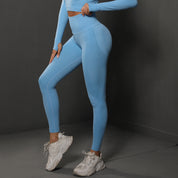 Size M Light Blue Seamless High-Waisted Premium Yoga Pants for Women - Lift Workout Leggings for Running, Gym, and Fitness