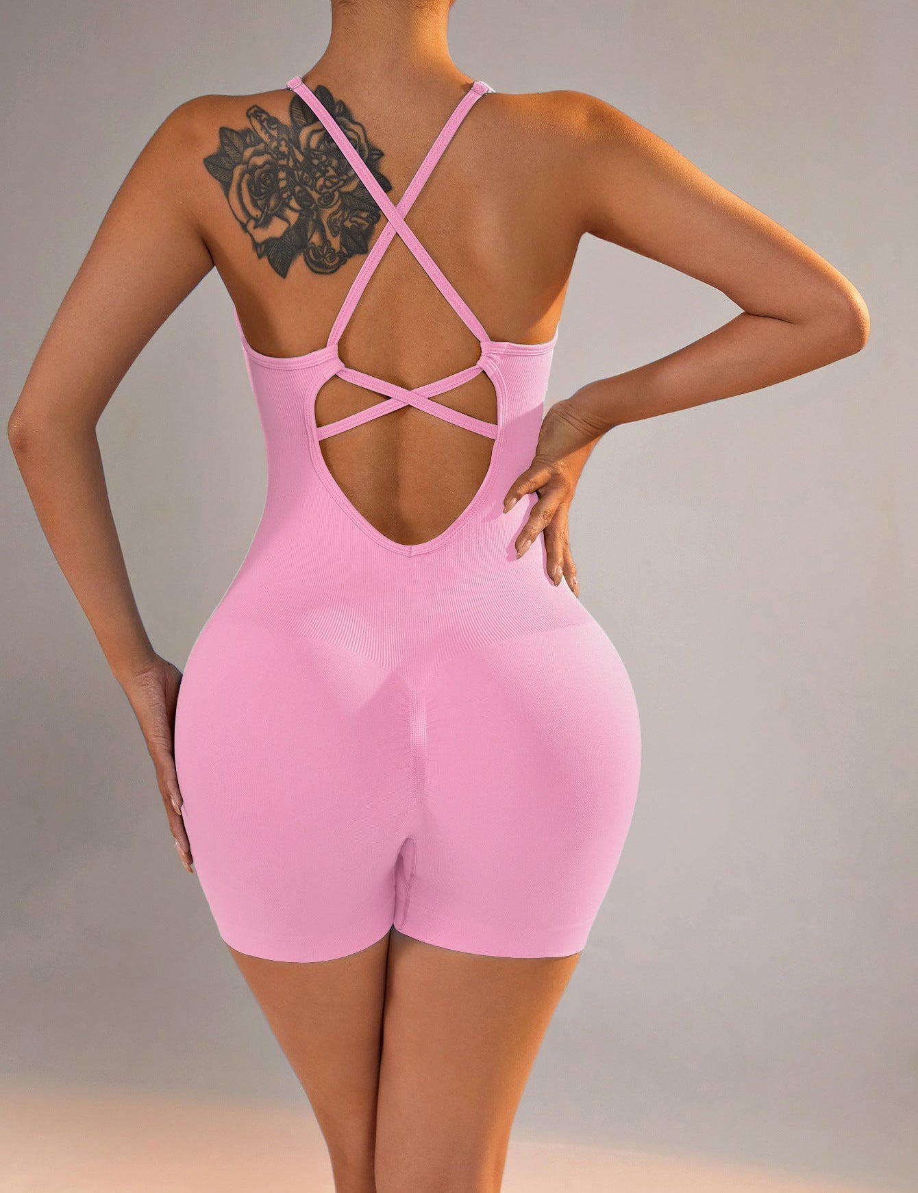 Size M Light Pink Grey Nylon Seamless Yoga Bodysuit - Women’s Athletic Romper Crisscross Back Workout Jumpsuit - Sports