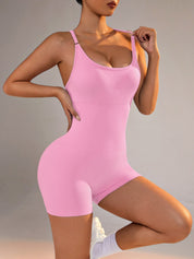 Size M Light Pink Grey Nylon Seamless Yoga Bodysuit - Women’s Athletic Romper Crisscross Back Workout Jumpsuit - Sports