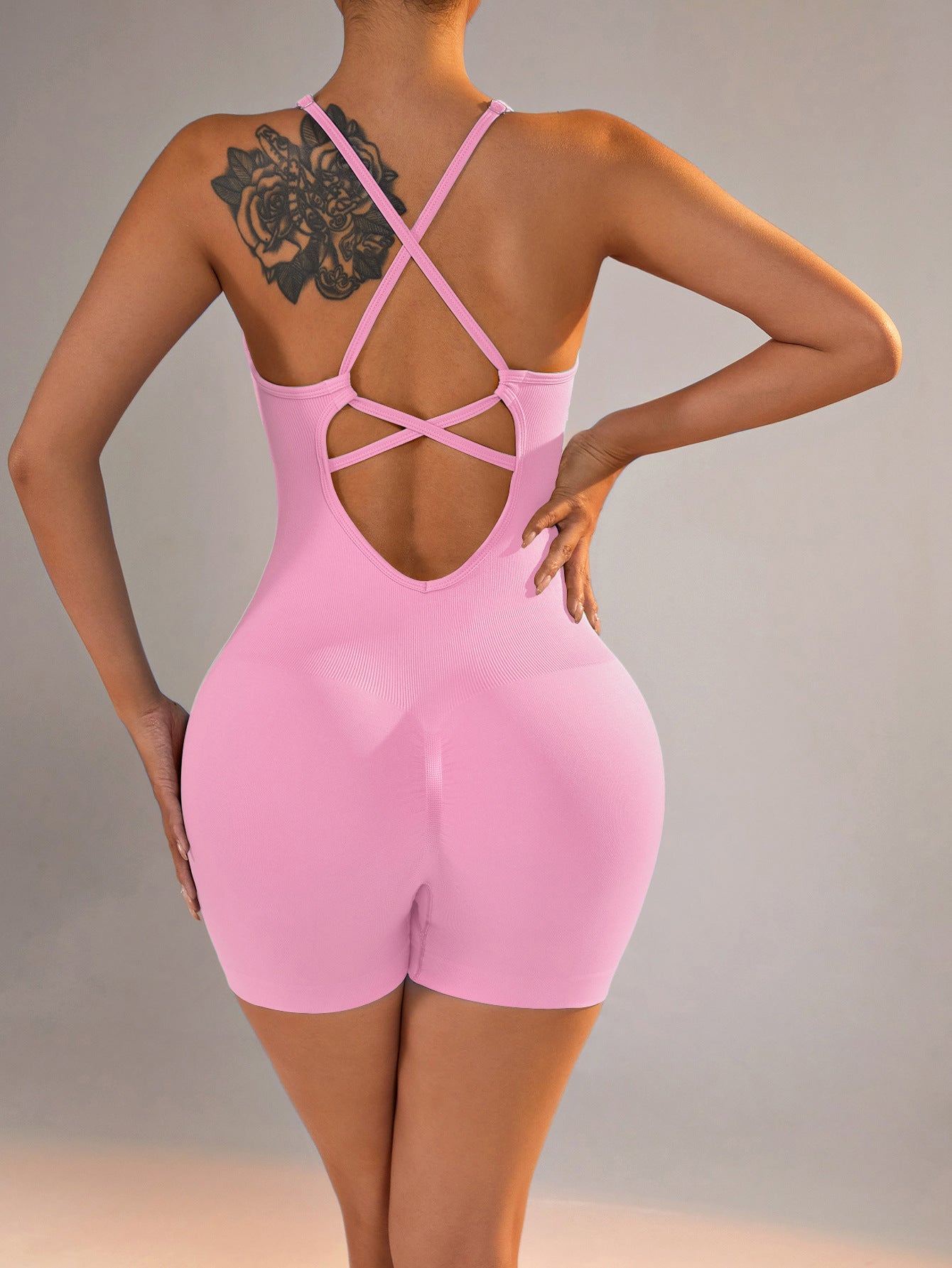 Size M Light Pink Grey Nylon Seamless Yoga Bodysuit - Women’s Athletic Romper Crisscross Back Workout Jumpsuit - Sports