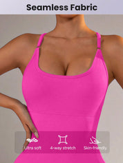 Size M Rose Red Grey Nylon Seamless Yoga Bodysuit - Women’s Athletic Romper Crisscross Back Workout Jumpsuit - Sports &