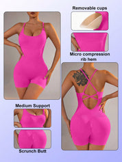 Size M Rose Red Grey Nylon Seamless Yoga Bodysuit - Women’s Athletic Romper Crisscross Back Workout Jumpsuit - Sports &