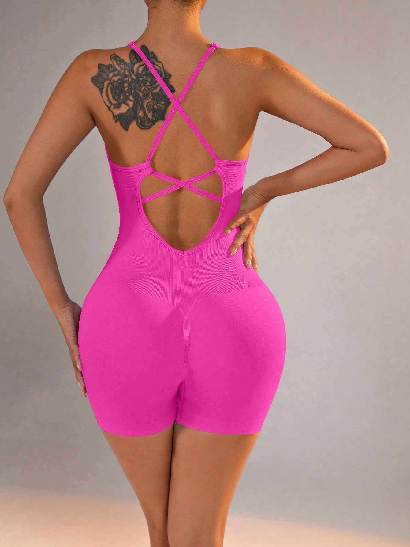 Size M Rose Red Grey Nylon Seamless Yoga Bodysuit - Women’s Athletic Romper Crisscross Back Workout Jumpsuit - Sports &