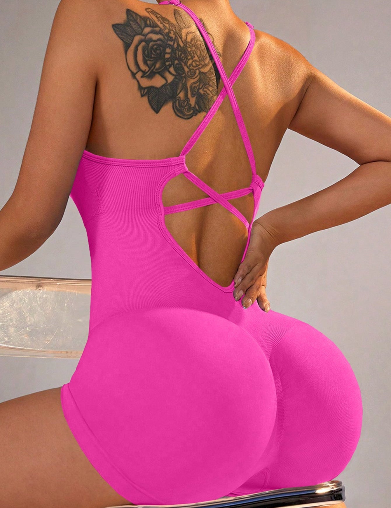 Size M Rose Red Grey Nylon Seamless Yoga Bodysuit - Women’s Athletic Romper Crisscross Back Workout Jumpsuit - Sports &