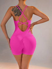 Size S Rose Red Grey Nylon Seamless Yoga Bodysuit - Women’s Athletic Romper Crisscross Back Workout Jumpsuit - Sports &