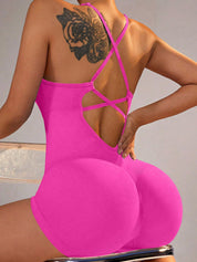 Size S Rose Red Grey Nylon Seamless Yoga Bodysuit - Women’s Athletic Romper Crisscross Back Workout Jumpsuit - Sports &