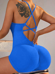 Size S Royal Blue Nylon Seamless Yoga Bodysuit - Women’s Athletic Romper Crisscross Back Workout Jumpsuit - Sports &