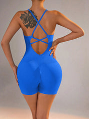 Size S Royal Blue Nylon Seamless Yoga Bodysuit - Women’s Athletic Romper Crisscross Back Workout Jumpsuit - Sports &