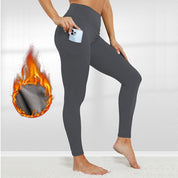 Size XL Grey Women's Mid Waist Plush Leggings with Pockets - Autumn and Winter Leggings with Pockets