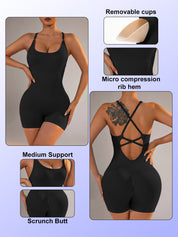 Size XS Black Nylon Seamless Yoga Bodysuit - Women’s Athletic Romper Crisscross Back Workout Jumpsuit - Sports &