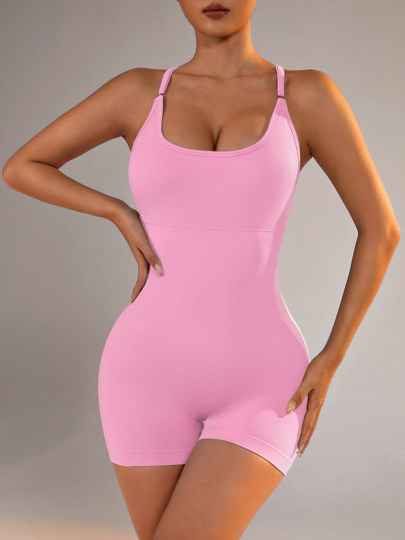 Size XS Light Pink Grey Nylon Seamless Yoga Bodysuit - Women’s Athletic Romper Crisscross Back Workout Jumpsuit