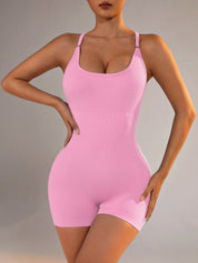 Size XS Light Pink Grey Nylon Seamless Yoga Bodysuit - Women’s Athletic Romper Crisscross Back Workout Jumpsuit
