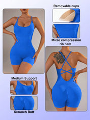 Size XS Royal Blue Nylon Seamless Yoga Bodysuit - Women’s Athletic Romper Crisscross Back Workout Jumpsuit - Sports &