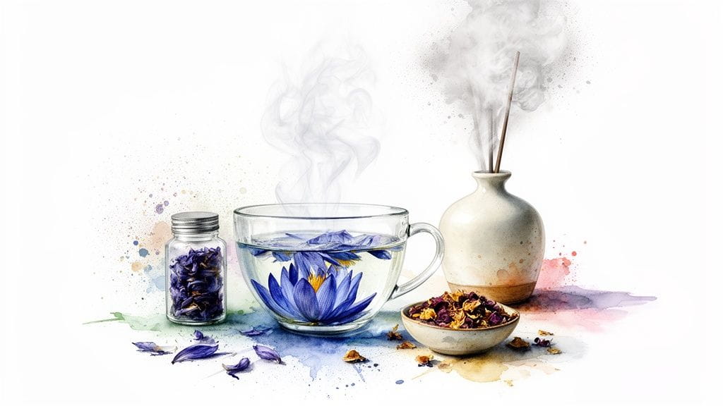A serene watercolor image of blue lotus tea, dried petals, and incense, creating a calming ambiance.
