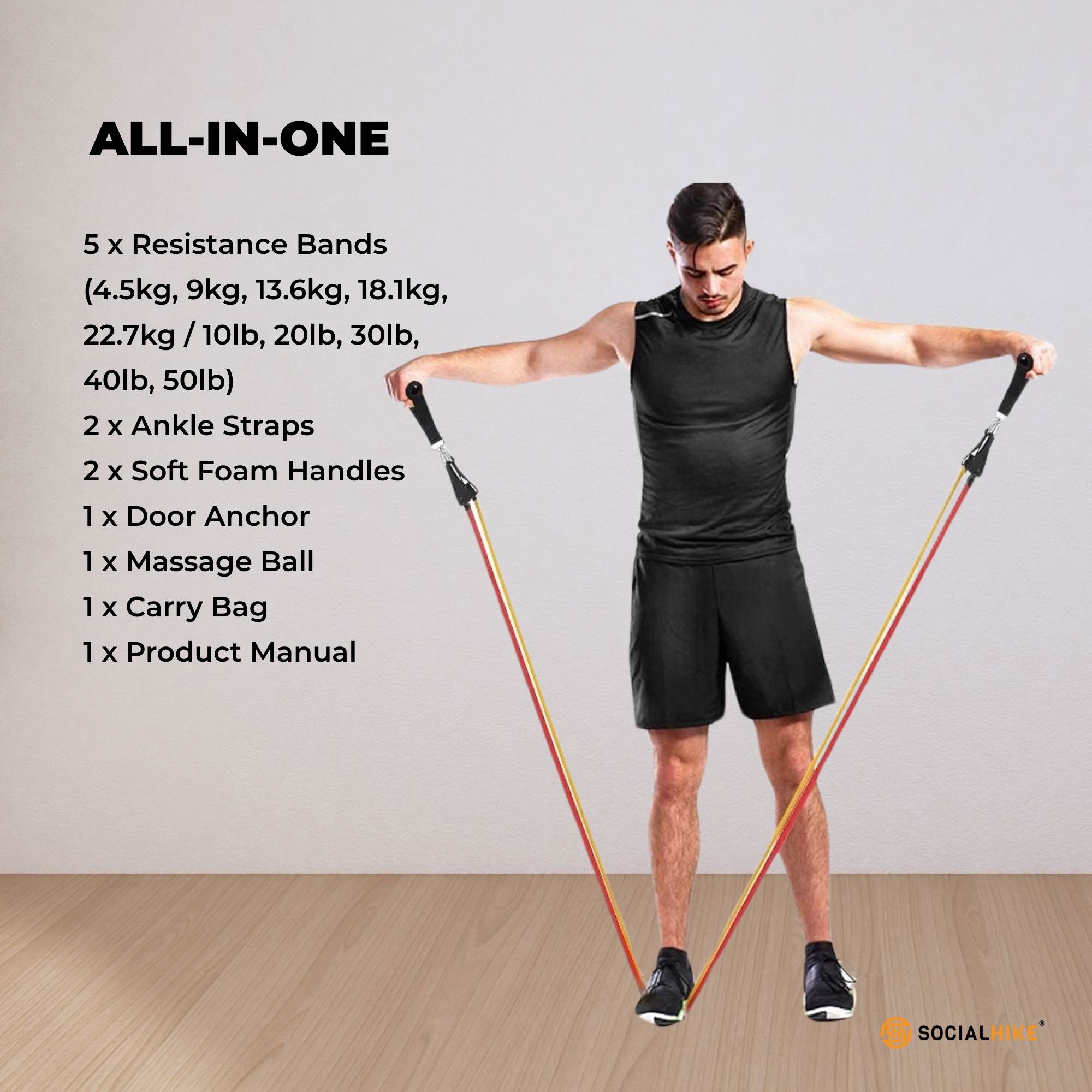 Social Hike Resistance Band Set with Handles - 11pcs Home Workout Kit 4.5-68kg