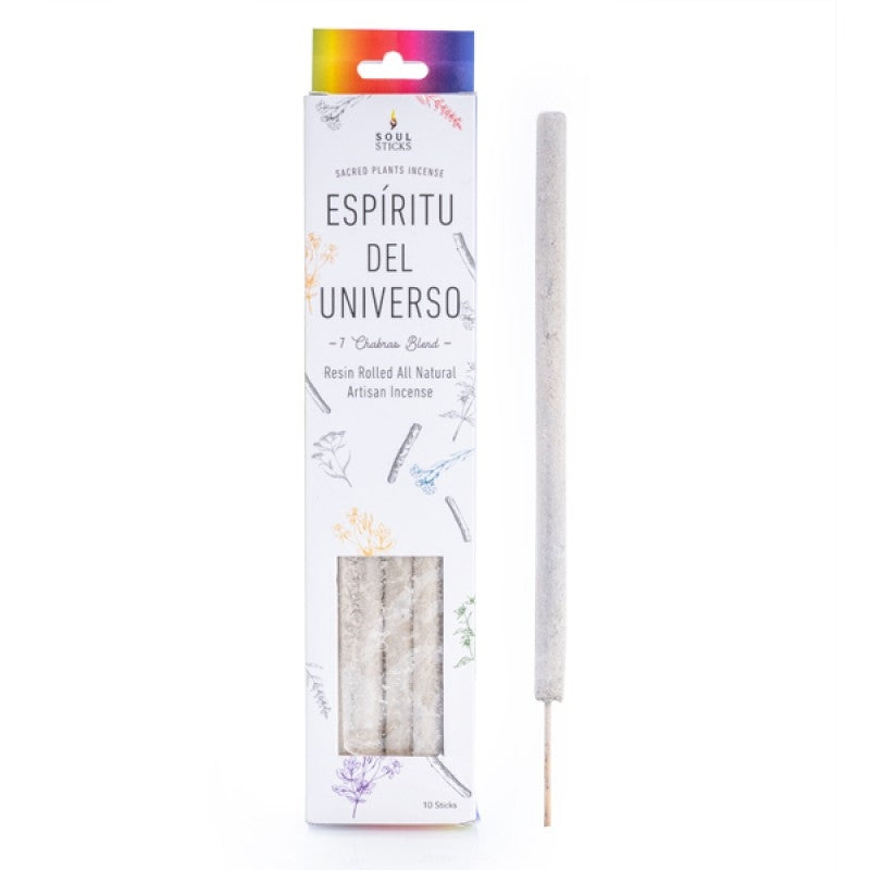 White incense sticks in rainbow package labeled Espiritu Del Universo for Soul Sticks 7 Chakras Blend Resin