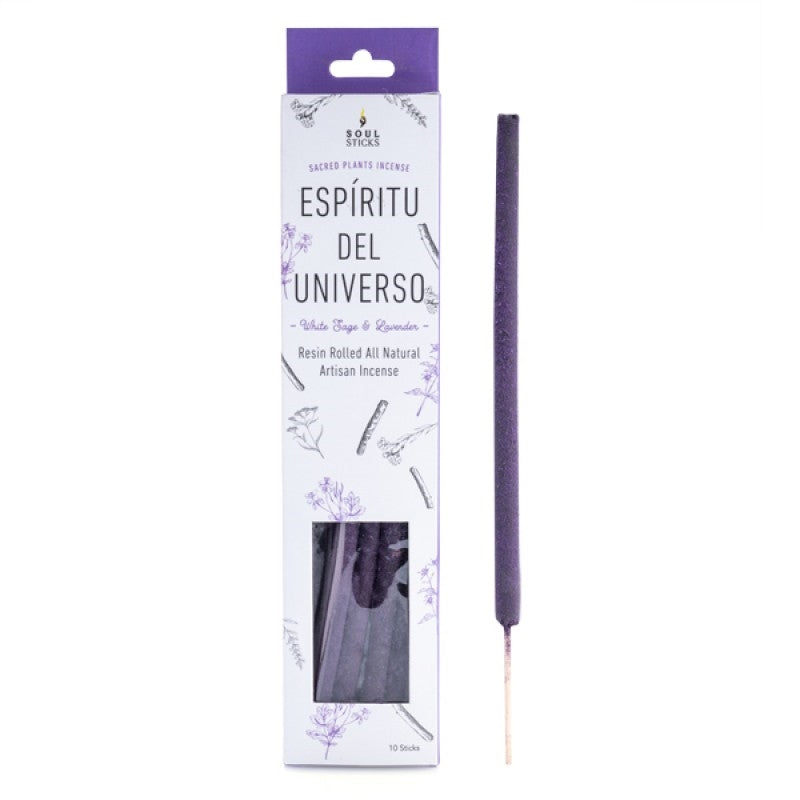 Purple incense stick with white packaging labeled Espiritu del Universo, Soul Sticks resin incense