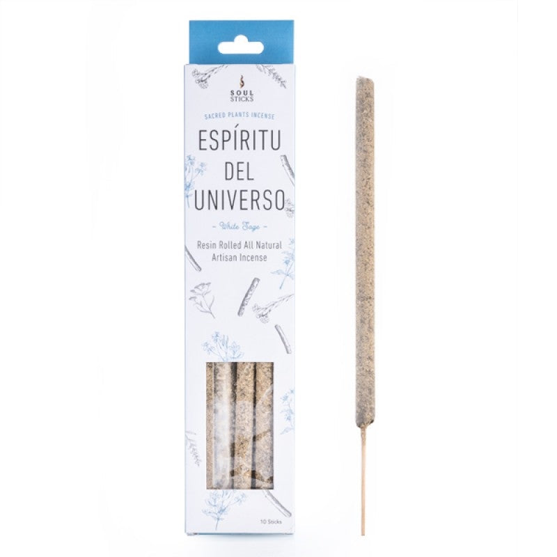 White and beige incense sticks in packaging labeled Espiritu del Universo, Soul Sticks White Sage Resin Incense