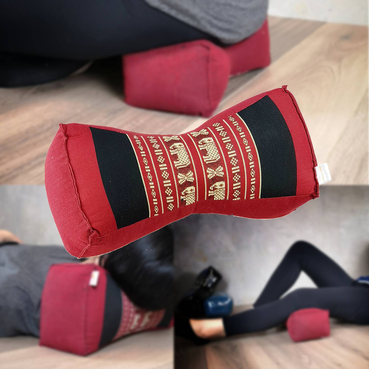 red and black meditation pillow for neck, knees and support