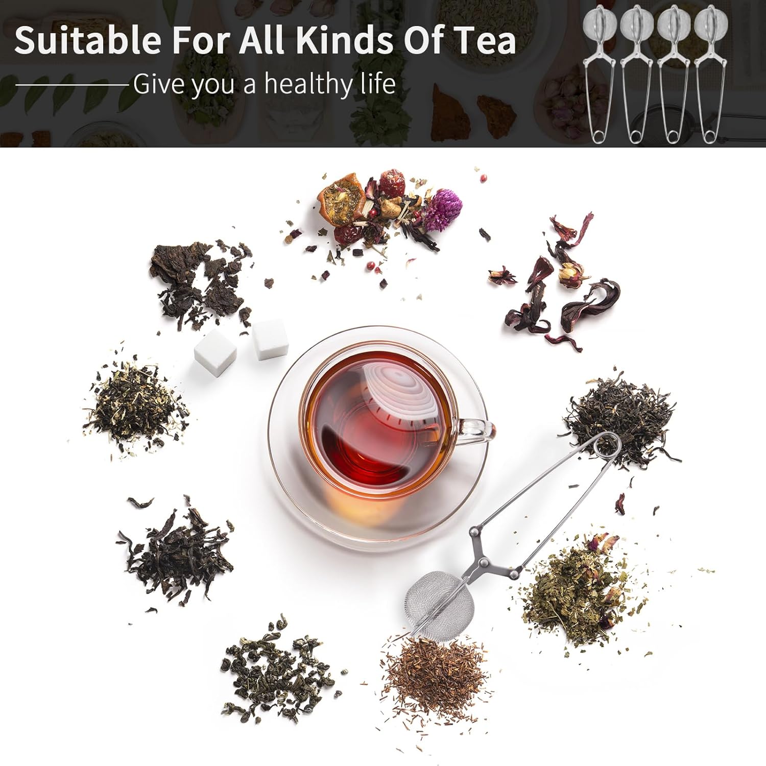 Tea Strainers for Loose Tea, 4 Pack Tea Infuser with Handle Fine Mesh Tea Ball Filter Tea Diffusers Steeper for Loose Leaf Tea, Spices, Seasonings