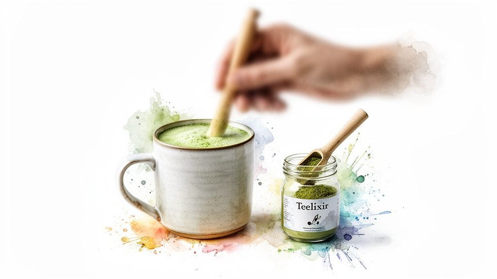 A hand stirs a frothy green matcha latte in a ceramic mug, beside a Teelixir jar of green powder.