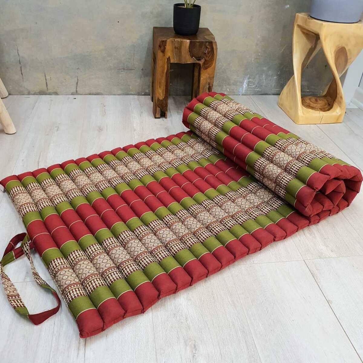 Thai Kapok Roll Up Mattress Foldout Mat Red&Green - Home & Garden > Bedding > Pillows