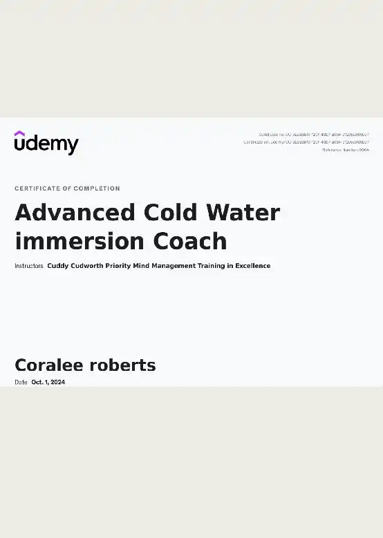 Udemy course certificate for Advanced Cold Water Immersion Coach training.