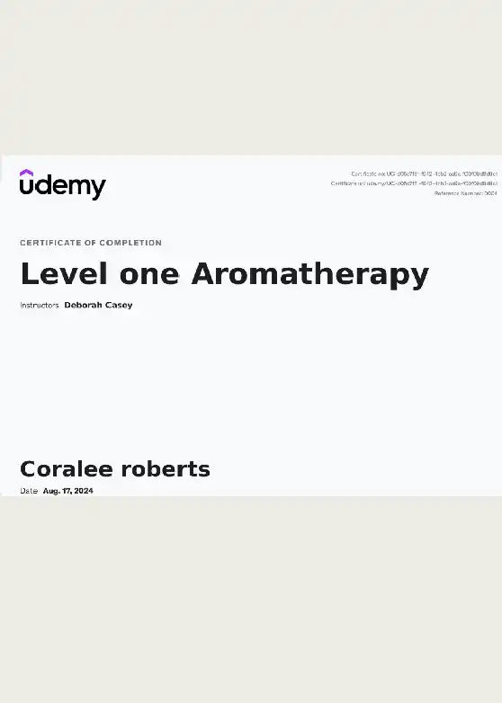 Udemy certificate of completion for Level One Aromatherapy.