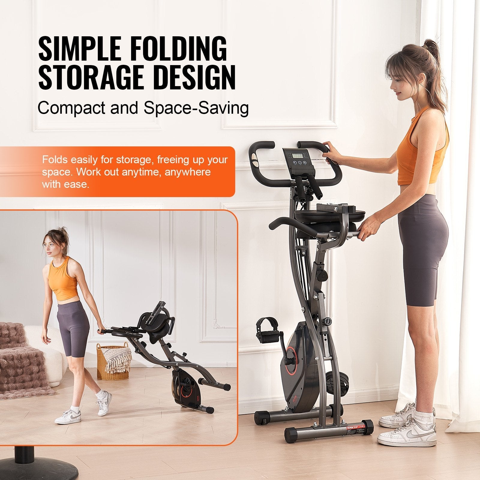 VEVOR Folding Exercise Bike, Foldable Fitness Stationary Bike, Adjustable Magnetic Resistance Stationary Bike, Upright Indoor Cycling Bike for Home Gym Workout, Comfortable Seat Premium Cushion, LCD Monitor