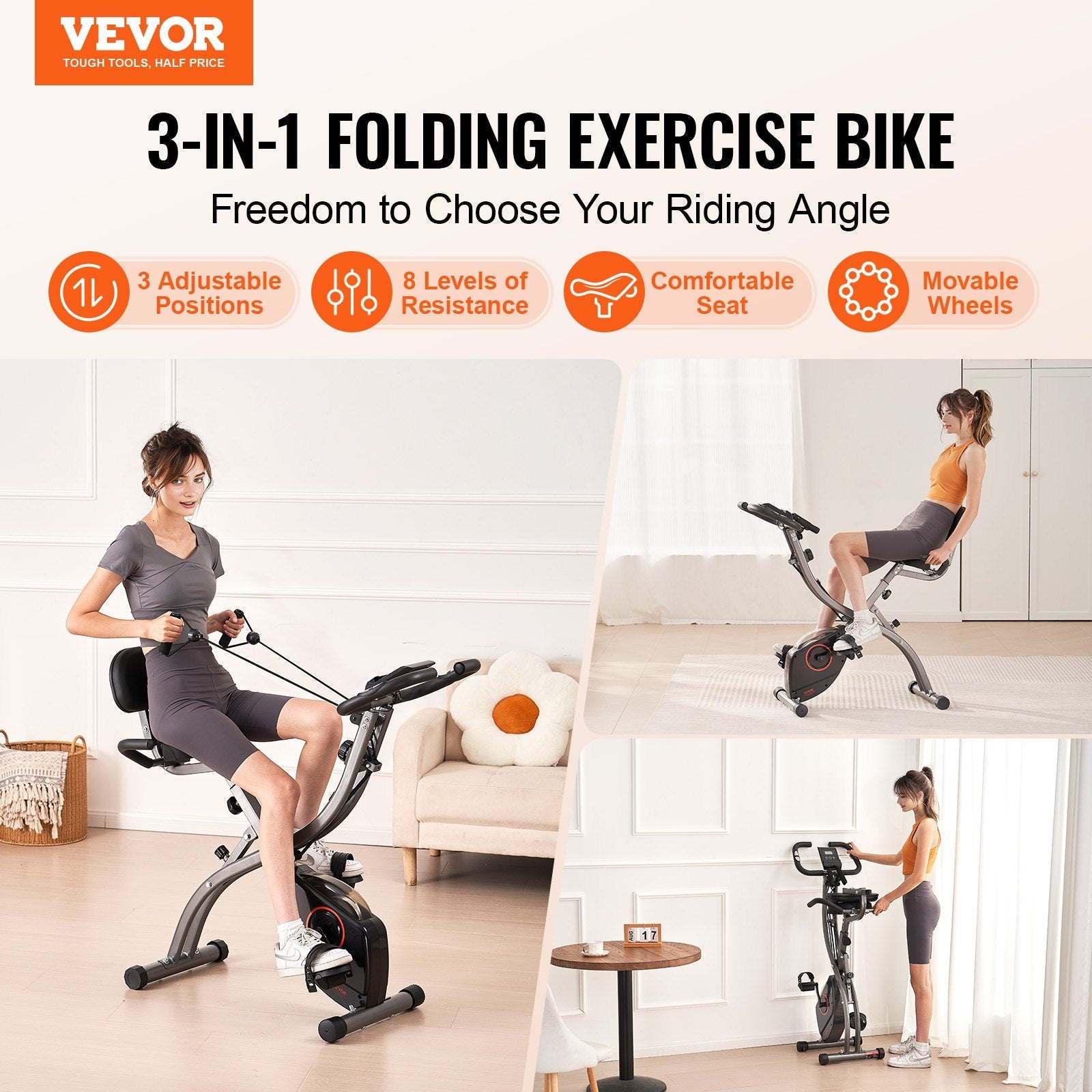 VEVOR Folding Exercise Bike, Foldable Fitness Stationary Bike, Adjustable Magnetic Resistance Stationary Bike, Upright Indoor Cycling Bike for Home Gym Workout, Comfortable Seat Premium Cushion, LCD Monitor